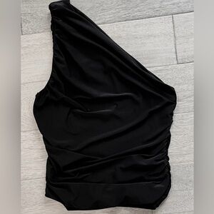 Evereve Black One Shoulder Top XL Classy Casual Side Ruching‎ Stretchy Lined